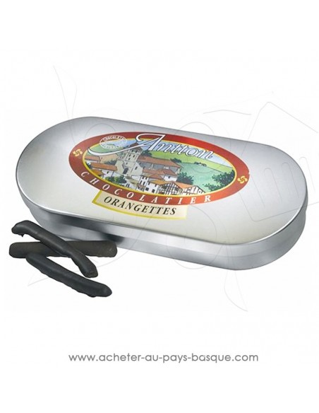 Acheter ou offrir petit cadeau gourmand chocolats basques : Boite métal d'orangette 130 g au chocolat noir  