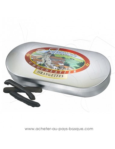Acheter ou offrir petit cadeau gourmand chocolats basques : Boite métal d'orangette 130 g au chocolat noir  