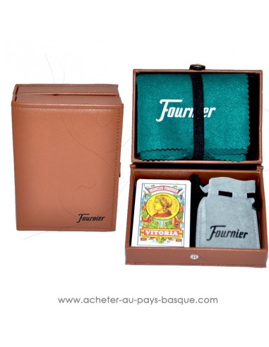 coffret cadeau Basque en simili cuir pour les amateurs de jeux de MUS, le poker basque : le tapis, cartes Espagnoles, tanto.