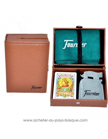 coffret cadeau Basque en simili cuir pour les amateurs de jeux de MUS, le poker basque : le tapis, cartes Espagnoles, tanto.