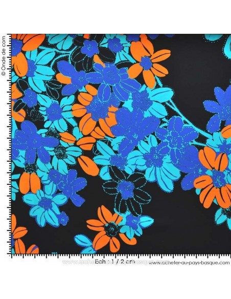 Tissu Haute Couture Ungaro 100 % Soie - magnifique crêpe de Chine fleur orange et bleu Habillement Docks Biarritz  avec mesure