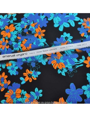 Tissu Italien Haute Couture Ungaro 100 % Soie - magnifique crêpe de Chine fleur orange et bleu Habillement Docks Biarritz 
