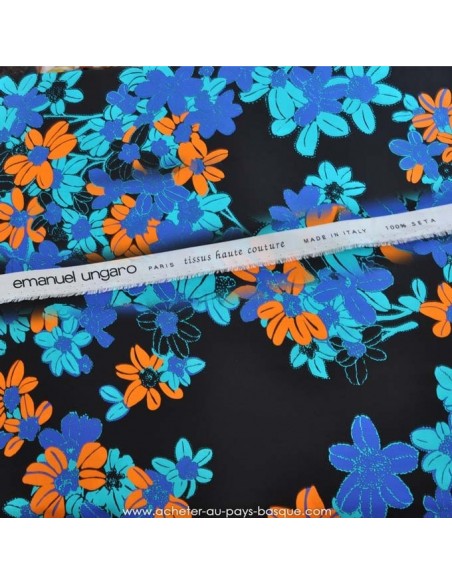 Tissu Italien Haute Couture Ungaro 100 % Soie - magnifique crêpe de Chine fleur orange et bleu Habillement Docks Biarritz 