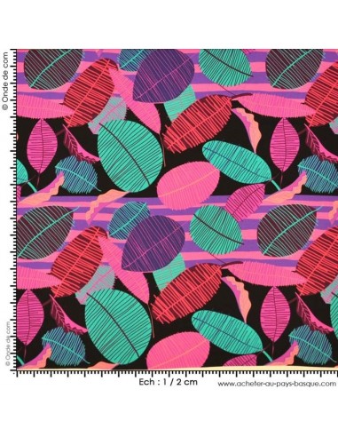 Tissu Haute Couture Ungaro 100 % Soie feuilles colorées Docks Biarritz sur fond noir fushia mesure Habillement Docks Biarritz