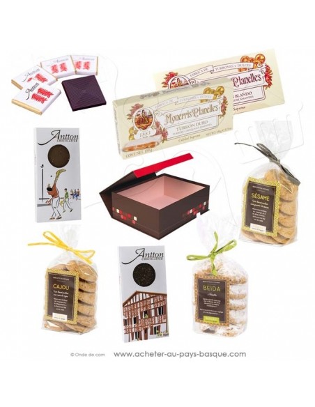 Offrez ce coffret douceurs : Du chocolat Basque au piment d'Espelette, du touron Espagnol et des biscuits 