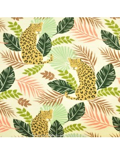 Jersey beige rosé imprimé feuillage et léopard -Tissu habillement vente en ligne - vetement couturiere - Dock Biarritz