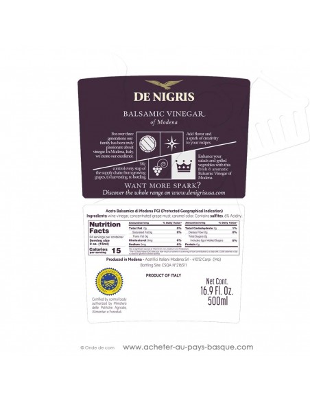 Vinaigre balsamique de Modène 500 mL - De Nigris - epicerie espagnole - cuisine conserve basque