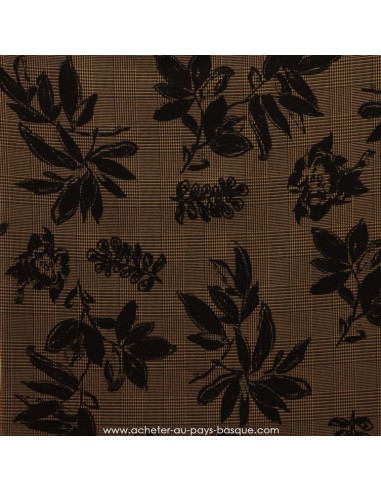 Prince de Galles marron noir imprimé fleur feuillage -Tissu habillement vente en ligne - Docks Biarritz