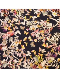 Jersey viscose fond noir motifs feuillage et papillons - Tissus Habillement Docks Negresse Biarritz en vente