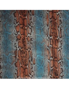 Peau de serpent marron imprimée sur satin de polyester bleu- tissu habillement - vetement couturiere - Dock Biarritz