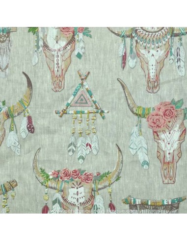 Lin imprimé motif indien cranes animaux chevaux plumes et fleurs fond beige -Tissus Ameublement - Tissus des Docks Biarritz