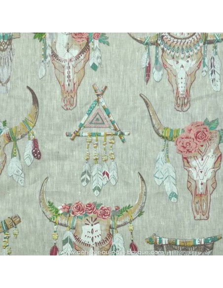 Lin imprimé motif indien cranes animaux chevaux plumes et fleurs fond beige -Tissus Ameublement - Tissus des Docks Biarritz