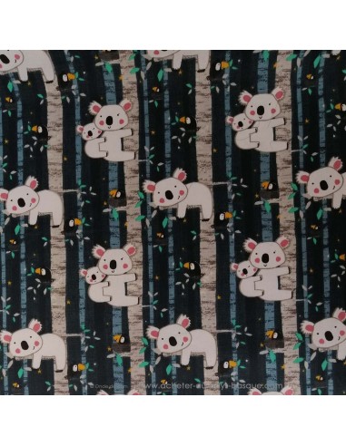 Coton motifs animaux koala et bébé perchés sur fond noir - Tissus Ameublement habillement - Tissus des Docks  Biarritz