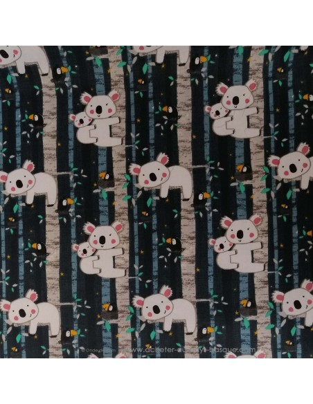 Coton motifs animaux koala et bébé perchés sur fond noir - Tissus Ameublement habillement - Tissus des Docks  Biarritz