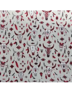 Coton imprimés cranes animaux rouges style apaches fond lin - Tissus Ameublement habillement - Tissus des Docks - Biarritz