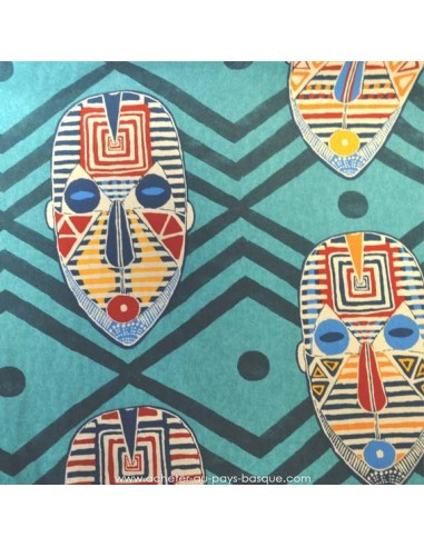 Coton imprimé multicolore masque Afrique fond turquoise et motifs géométriques - Tissus Ameublement - Tissu des Docks Biarritz