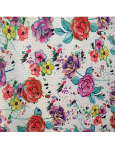 Piqué de polyCoton fond relief tacheté blanc fleur et rose aquarelle - Tissu habillement - vetement couturiere - Dock Biarritz