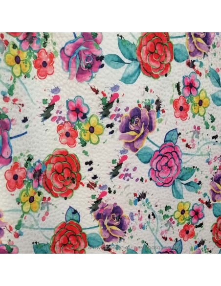 Piqué de polyCoton fond relief tacheté blanc fleur et rose aquarelle - Tissu habillement - vetement couturiere - Dock Biarritz