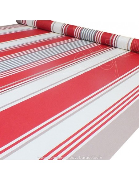 Nappe toile enduite rayures basques rouge blanc gris - acheter nappe basque sur mesure - tissus ameublement biarritz