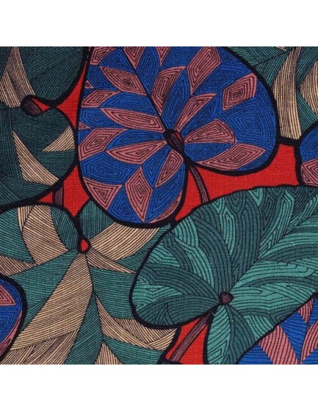 Tissu ameublement lin collection Idriss Thevenon bleu et vert fond brique vendu au mètre - Docks Biarritz vente en ligne