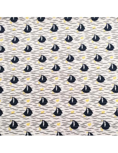 Jersey de coton Oeko-tex petit bateau encre jaune fond blanc - Tissu habillement - vetement couturiere - Dock Biarritz