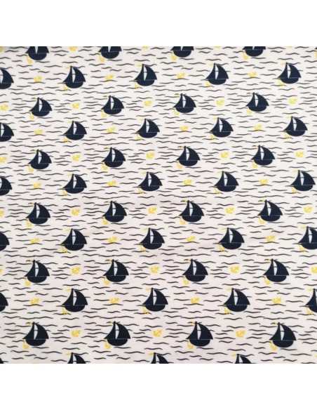 Jersey de coton Oeko-tex petit bateau encre jaune fond blanc - Tissu habillement - vetement couturiere - Dock Biarritz