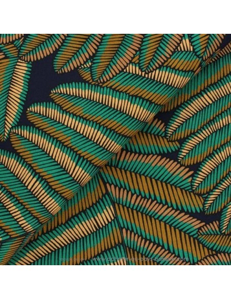 zoom Vicky toile coton imprimé feuilles fond bleu marine - Tissu Ameublement Thevenon  - rideaux fauteuil canapé chaise biarritz