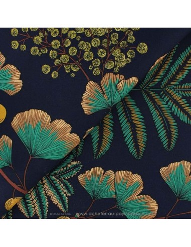zoom tissu coton VICTORIA feuille verte fond marine 140cm - Thevenon 2020 - Tissus Ameublement chaise rideaux canapé fauteuil