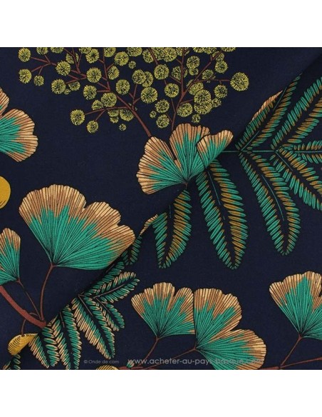zoom tissu coton VICTORIA feuille verte fond marine 140cm - Thevenon 2020 - Tissus Ameublement chaise rideaux canapé fauteuil