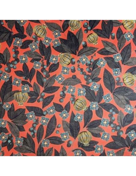 tissu velours ras FRUITS du PARADIS fond rouge 140 cm - Thevenon 2020 - Tissus Ameublement chaises rideaux canapés fauteuils