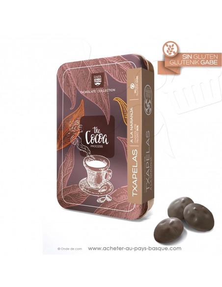 boite métal de chocolats en forme de bérets Basques NOIR 80% et orange - Rafa Gorrotxategi maitre chocolatier