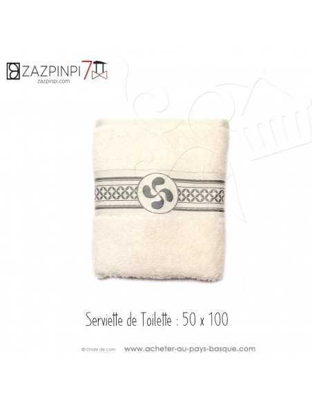 Serviette éponge 550 gr écru liteau gris croix Basque rayures 100% coton OEKO TEX 100x50 - ZAZPINPI linge de bain