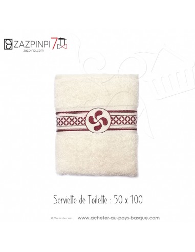 Serviette toilette 70x140 éponge 550 gr écru rouge traditionnel rayure croix Basque coton OEKO TEX - ZAZPINPI linge pays basque