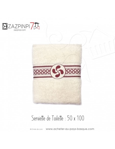 Serviette toilette 70x140 éponge 550 gr écru rouge traditionnel rayure croix Basque coton OEKO TEX - ZAZPINPI linge pays basque