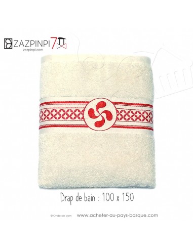 Serviette de bain 70x150 éponge 550 gr écru liteau Rouge croix Basque rayures100% coton OEKO TEX - ZAZPINPI linge de bain basque