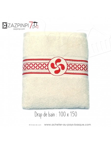 Serviette de bain 70x150 éponge 550 gr écru liteau Rouge croix Basque rayures100% coton OEKO TEX - ZAZPINPI linge de bain basque