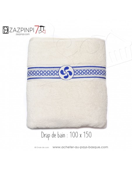 Drap de bain éponge 550 gr écru liteau bleue croix Basque rayures 100% coton OEKO TEX 100x150 - ZAZPINPI linge de bain basque
