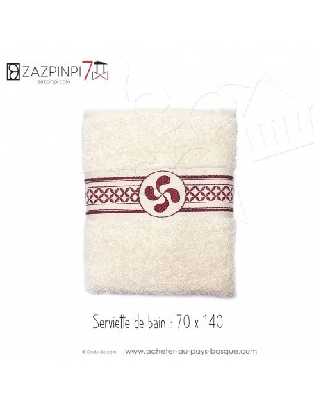 Serviette de bain 70x140 éponge 550 gr écru rouge traditionnel rayures croix Basque 100% coton OEKO TEX - ZAZPINPI linge de bain