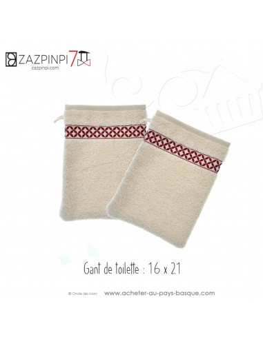 Gant toilette 21x16cm éponge 550 gr écru liteau Rouge traditionnel coton OEKO TEX - ZAZPINPI linge basque - déco salle de bain
