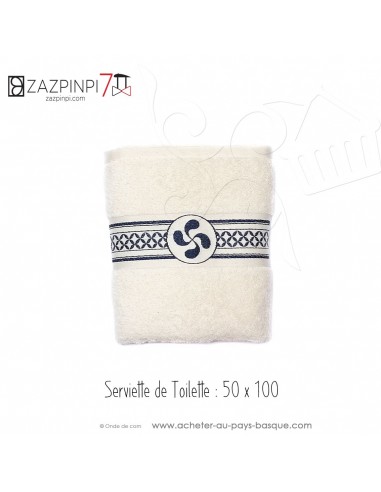 Serviette éponge 550 gr écru croix Basque rayure bleu marine traditionnel 100% coton OEKO TEX 100x50 - ZAZPINPI linge de bain