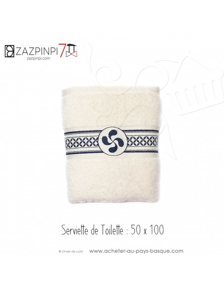 Serviette éponge 550 gr écru croix Basque rayure bleu marine traditionnel 100% coton OEKO TEX 100x50 - ZAZPINPI linge de bain