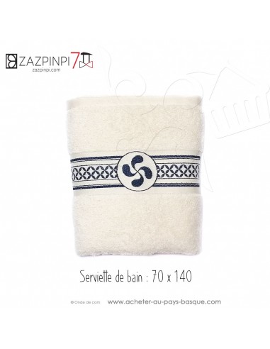 Serviette éponge 550 gr écru croix Basque rayure bleu marine traditionnel 100% coton OEKO TEX 140x70 - ZAZPINPI linge de bain