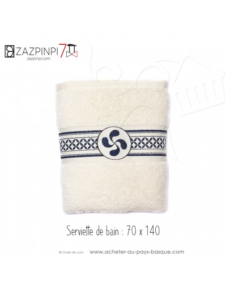 Serviette éponge 550 gr écru croix Basque rayure bleu marine traditionnel 100% coton OEKO TEX 140x70 - ZAZPINPI linge de bain