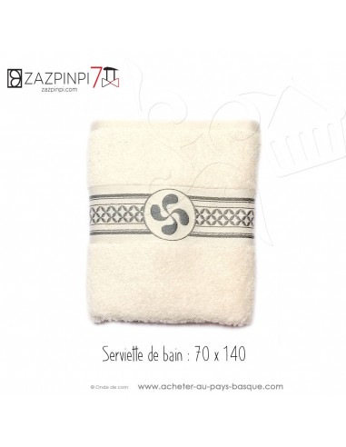 Serviette de bain éponge 550 gr écru liteau gris croix Basque rayures 100% coton OEKO TEX 100x70 - ZAZPINPI linge de bain