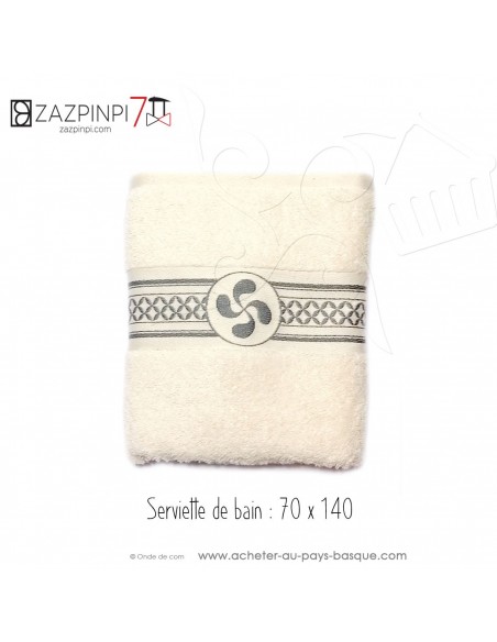 Serviette de bain éponge 550 gr écru liteau gris croix Basque rayures 100% coton OEKO TEX 100x70 - ZAZPINPI linge de bain