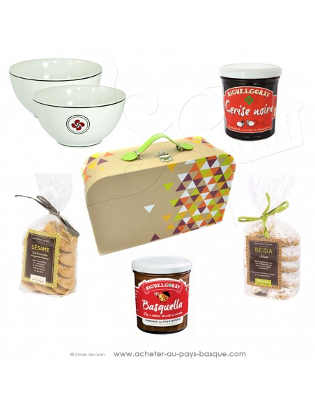 Acheter ce coffret petit déjeuner basque 2 personnes "itxassou" :  bols, balquella, confiture cerises - à offrir vente en ligne