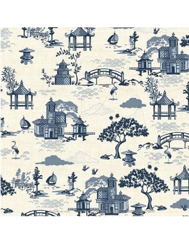 Tissu Patchwork Indigo temple japonais coton de lin fond écru - vêtement sac quilting - Tissus habillement Ameublement