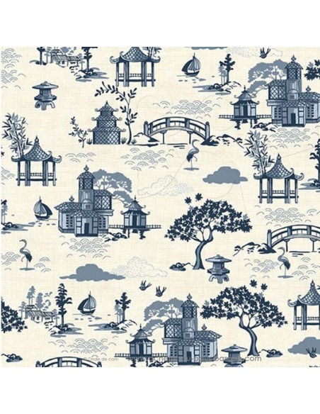 Tissu Patchwork Indigo temple japonais coton de lin fond écru - vêtement sac quilting - Tissus habillement Ameublement