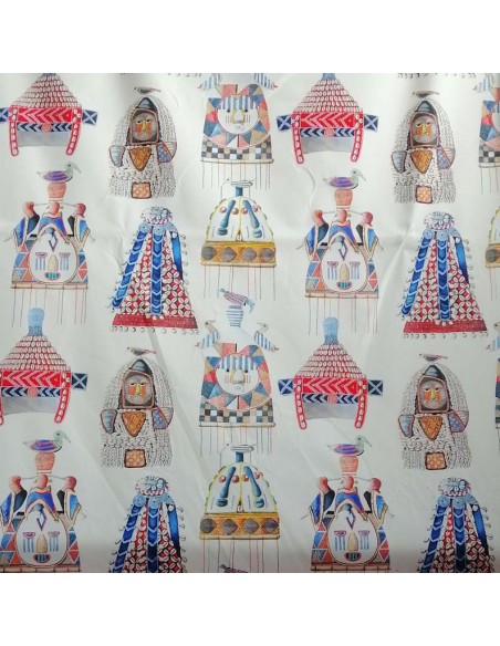 Toile coton Afrique coiffe africaine coquillage fond crème  - Tissus Ameublement Thevenon au mètre - rideaux réfection fauteuil