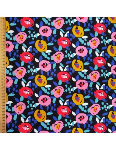 Tissu sweat léger noir fleur rose et rouge noir POPPY Floral - Tissus habillement vente en ligne - Biarritz